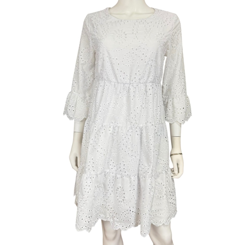White Eyelet Boho Cottagecore Dress Bell Sleeve‎ Tiered Romantic Prairie Small